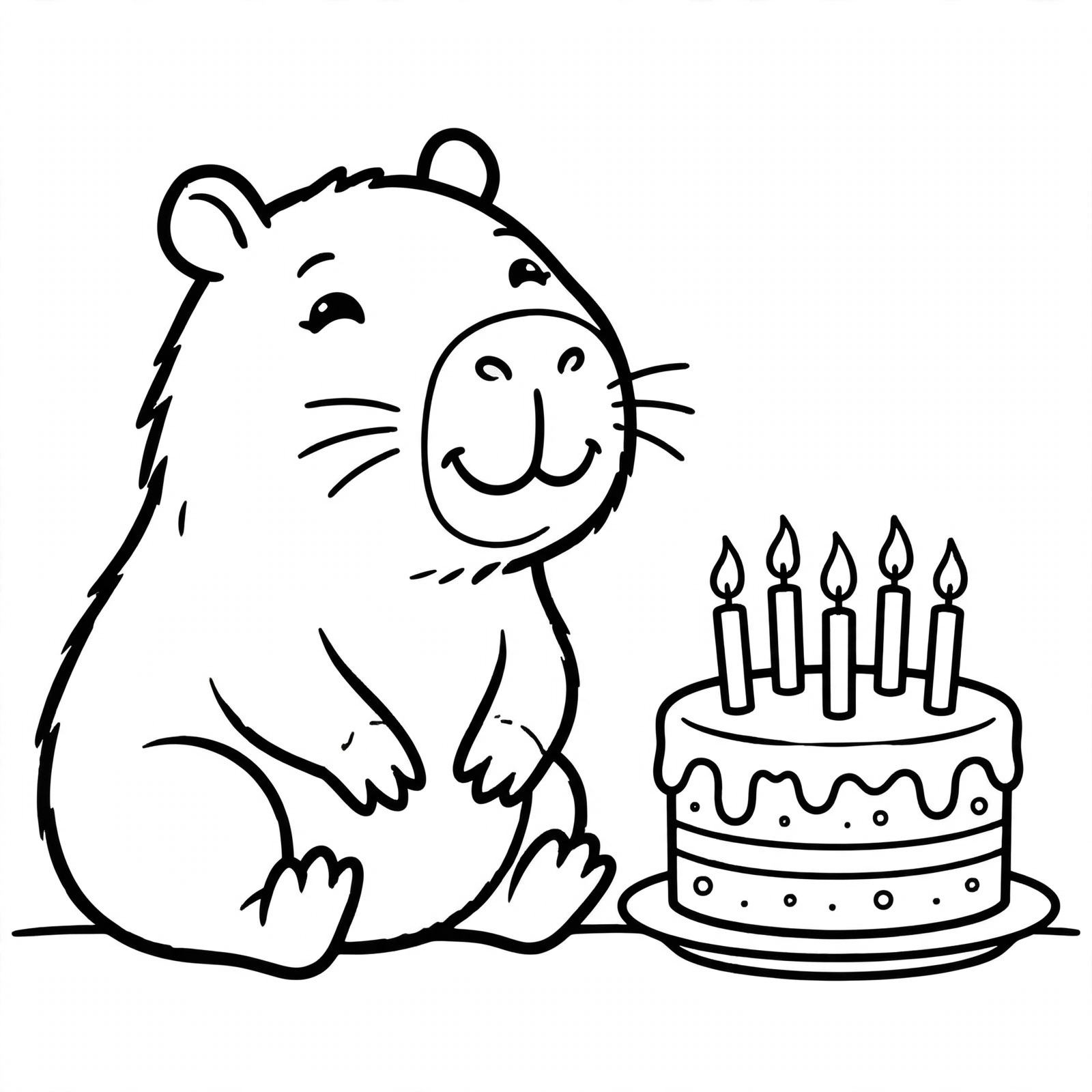 Desenho de capivara com bolo de aniversário para colorir
