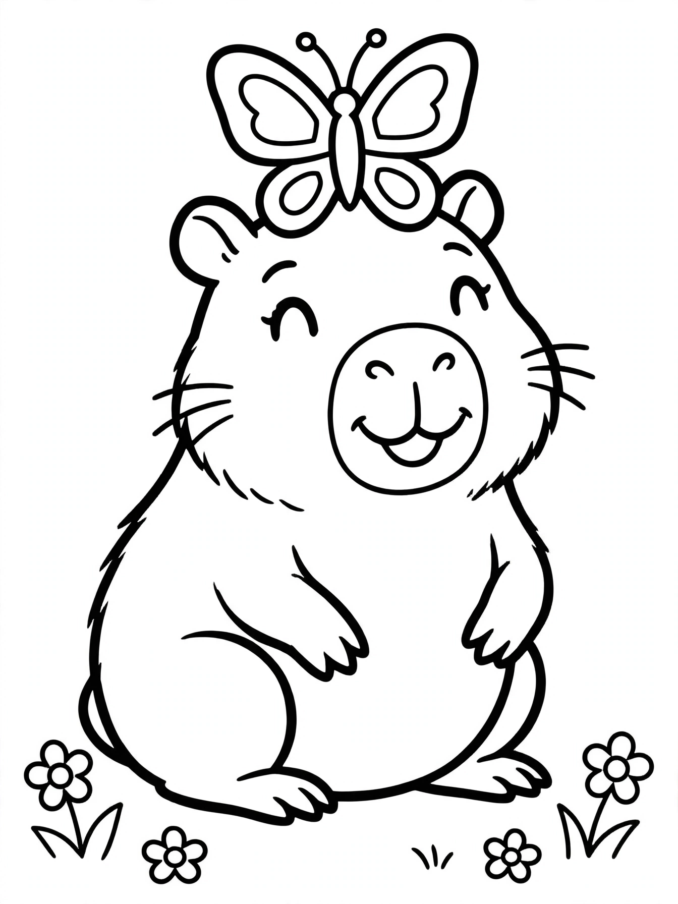 Desenho de capivara com borboleta para colorir