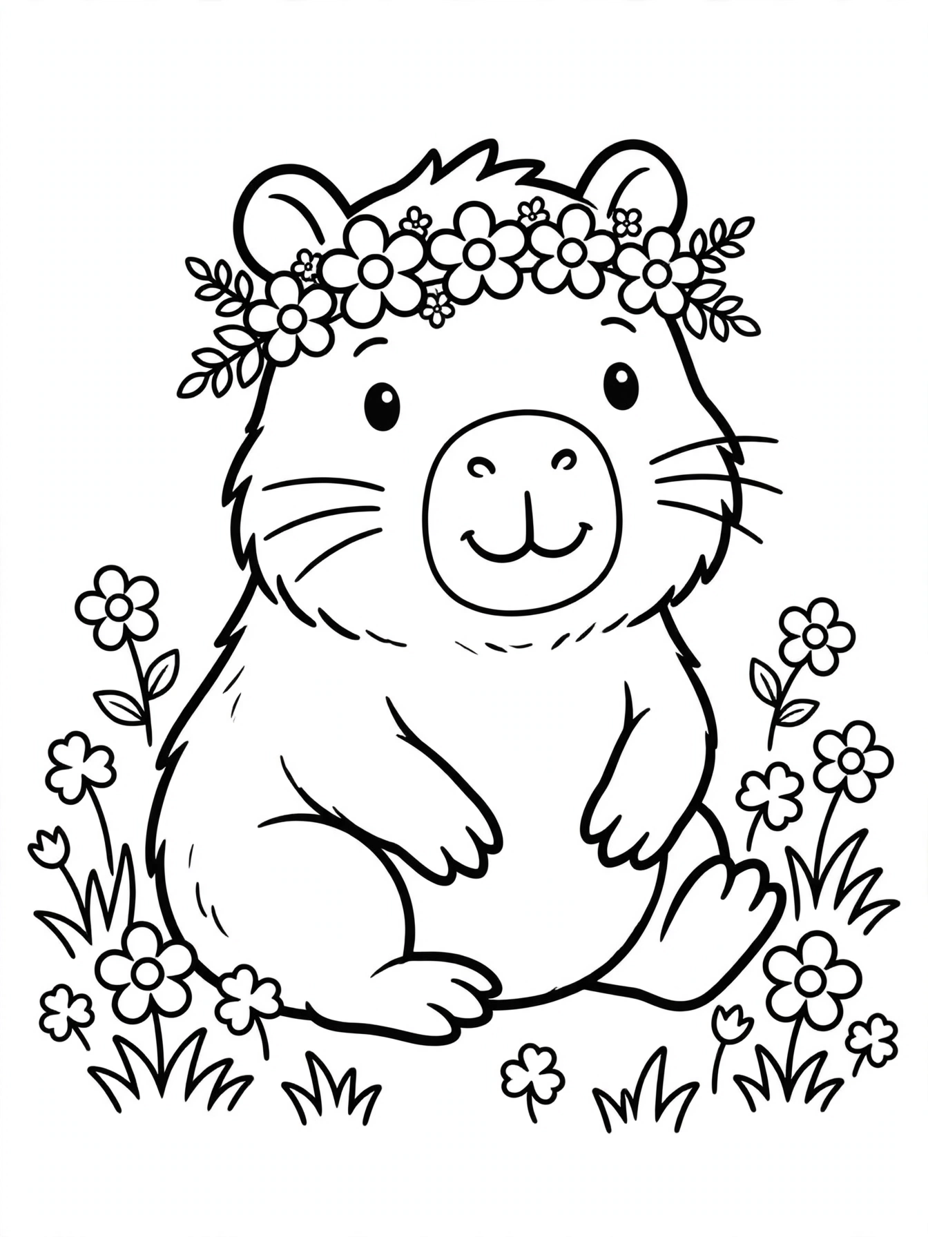 Desenho de capivara com coroa de flores para colorir