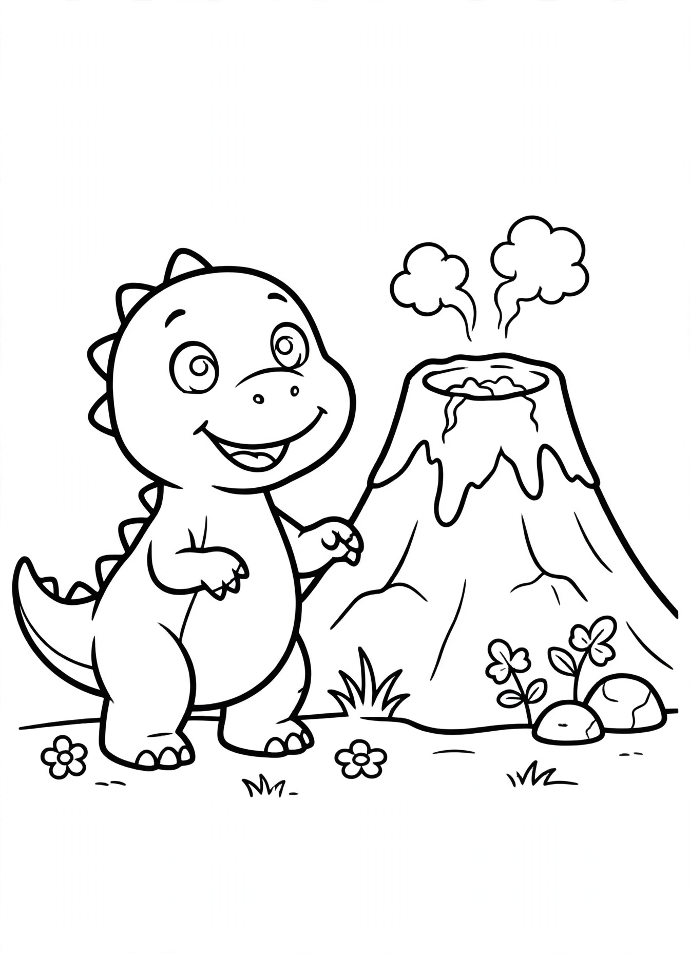 Desenho de Dinossauro com Vulcão fofo para colorir