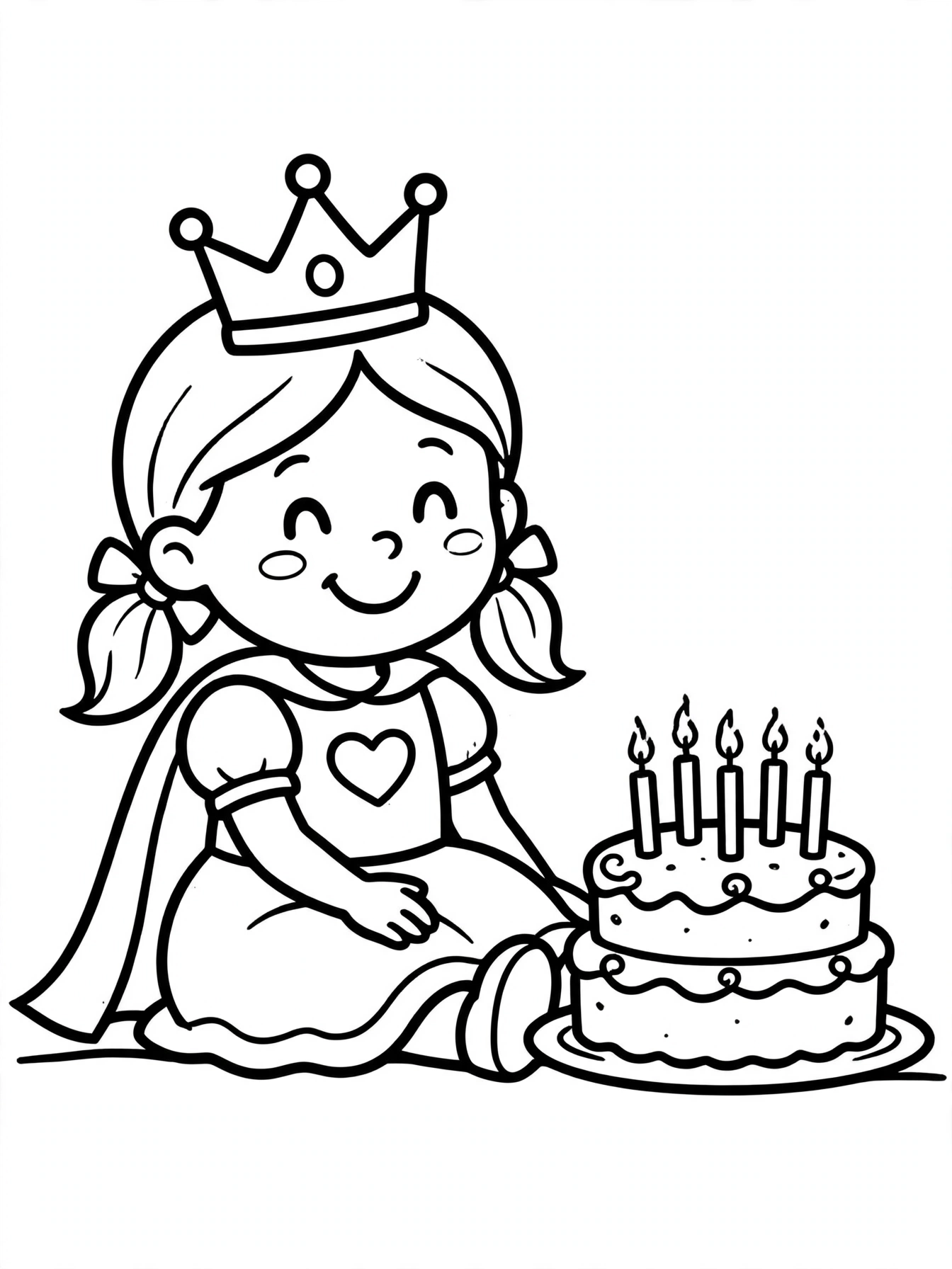Desenho de princesa com bolo de aniversário para colorir
