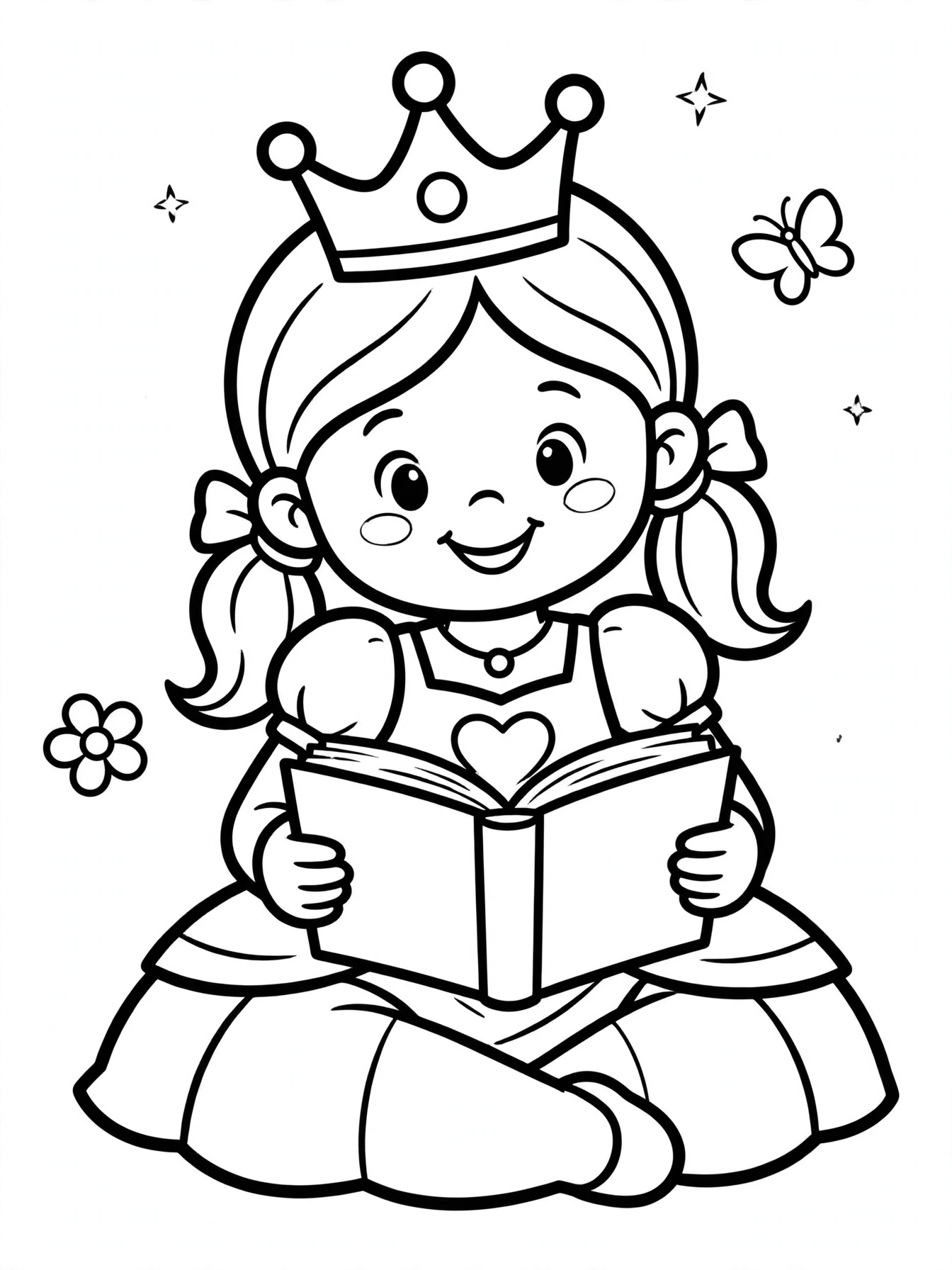 Desenho de princesa lendo livro para colorir