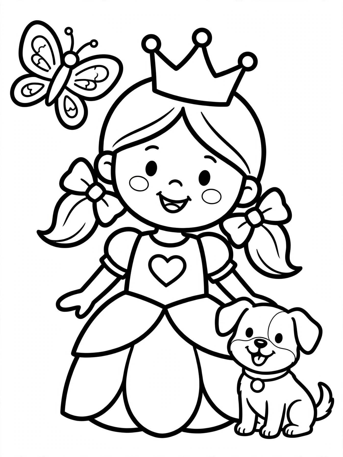Desenho de princesa com borboleta e cachorrinho para colorir