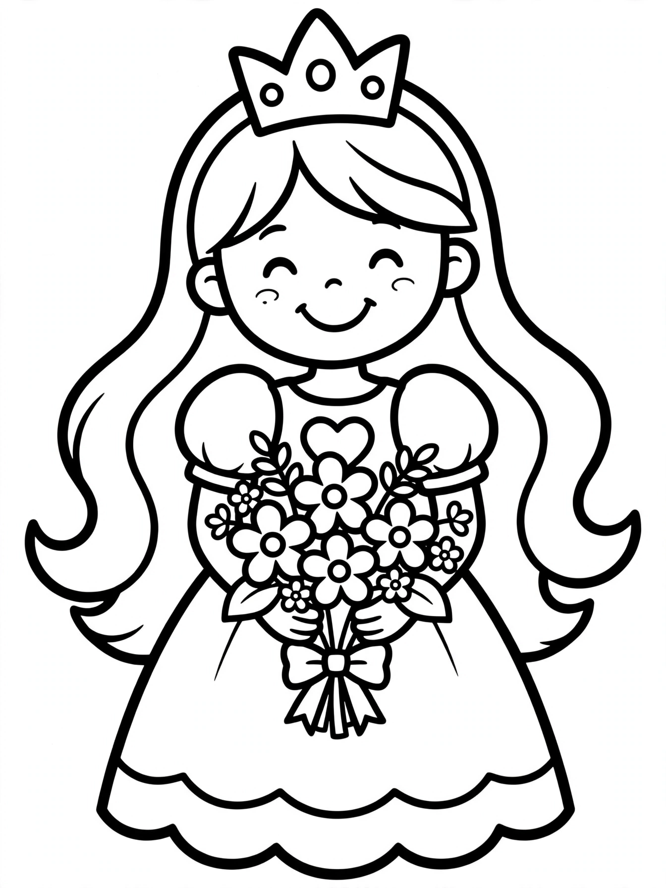 Desenho de princesa com buquê de flores para colorir
