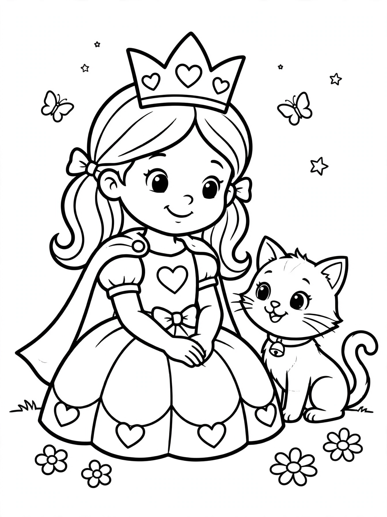 Desenho de princesa com gatinho para colorir