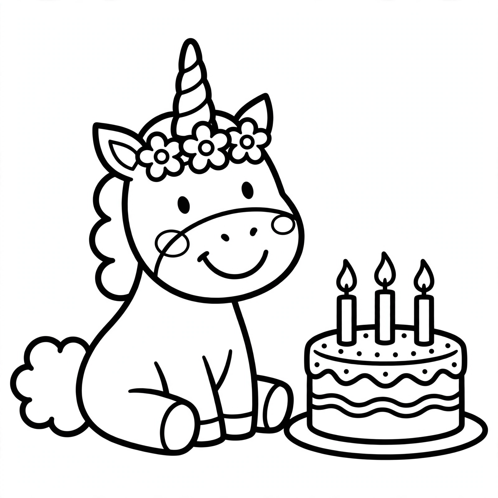 Desenho de unicórnio com bolo de aniversário para colorir