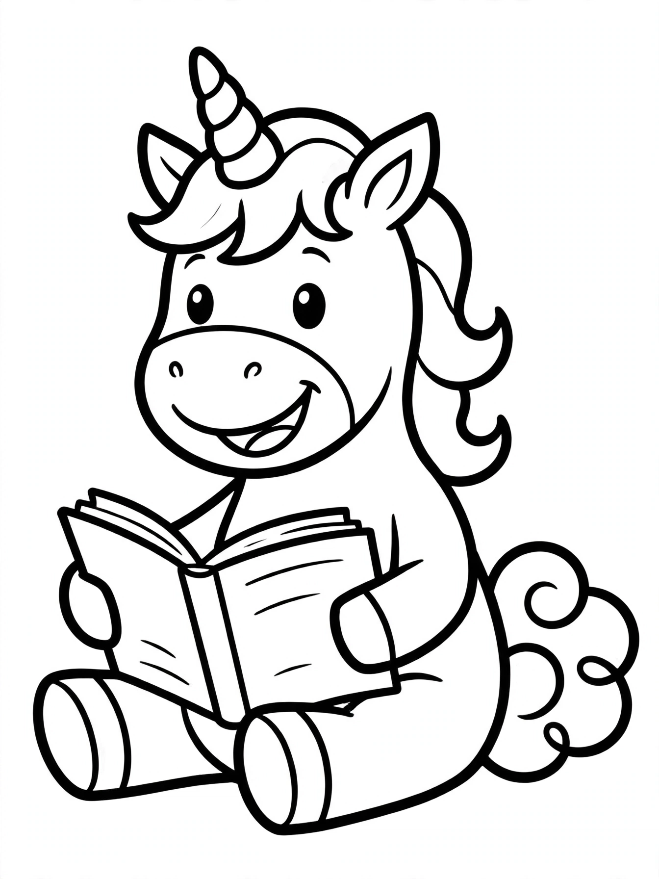 Desenho de unicórnio lendo livro para colorir