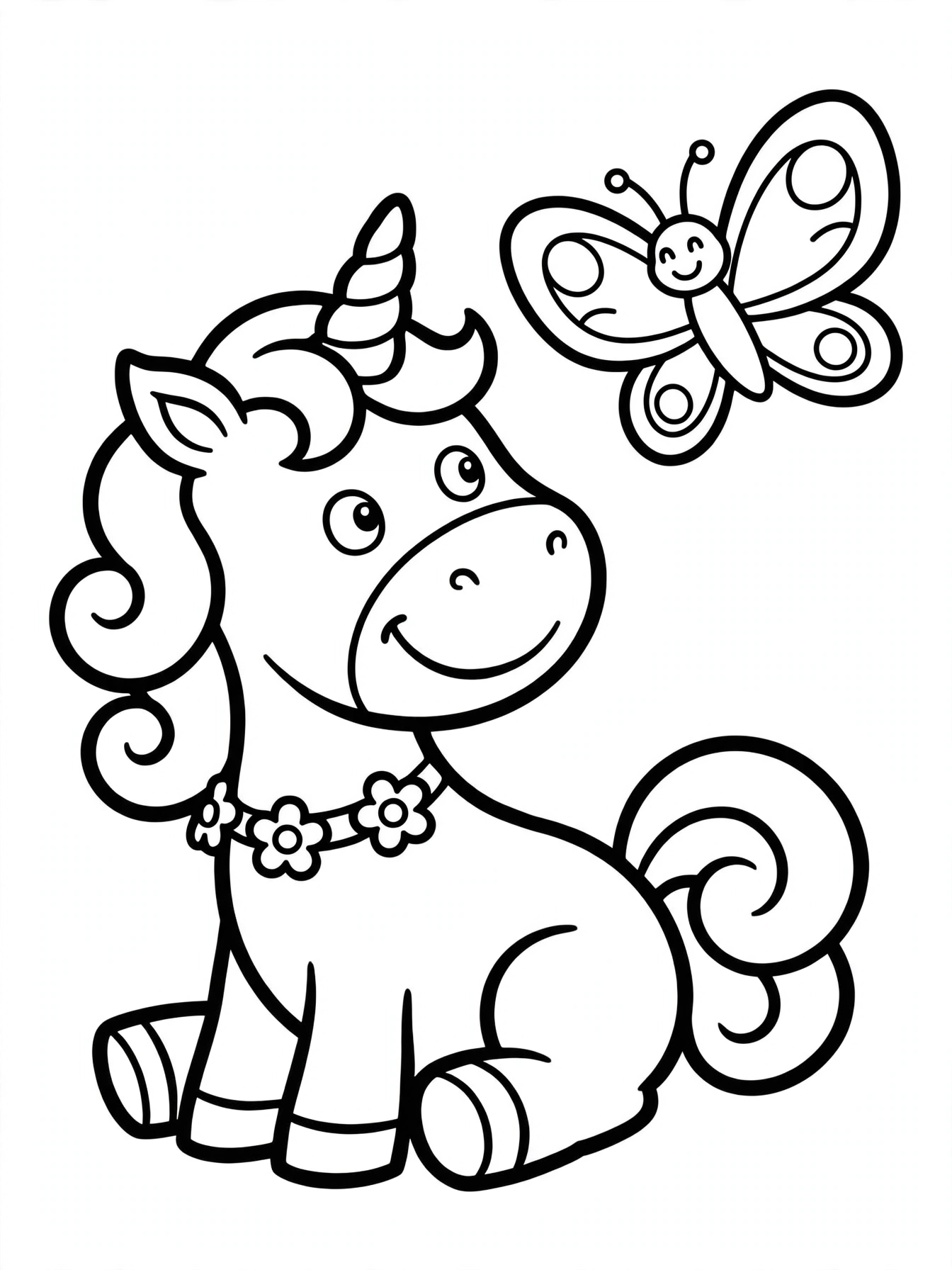 Desenho de unicórnio com borboleta para colorir