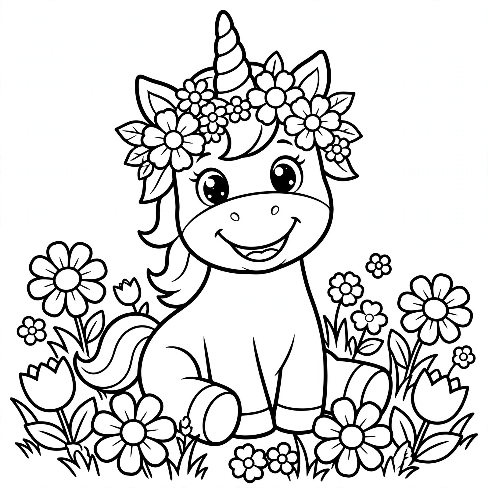 Desenho de unicórnio com coroa de flores para colorir
