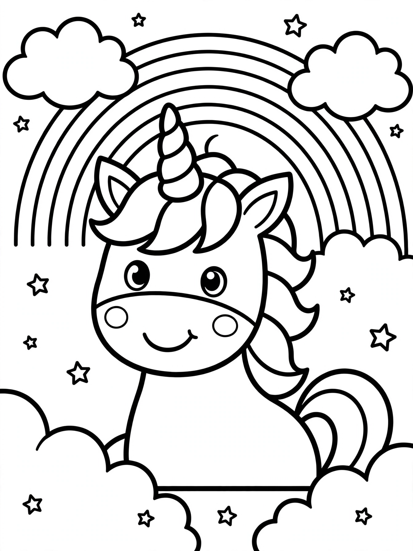 Desenho de unicórnio com arco-íris para colorir