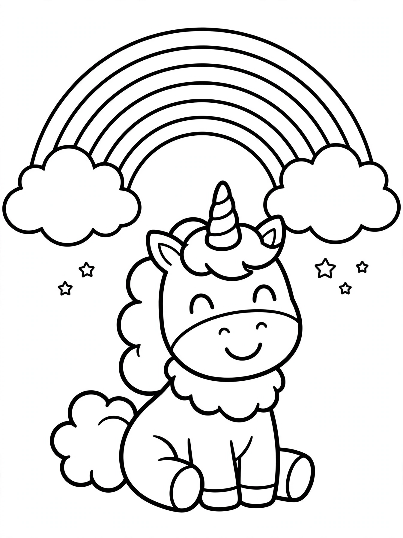 Desenho de unicórnio com arco-íris e nuvens para colorir